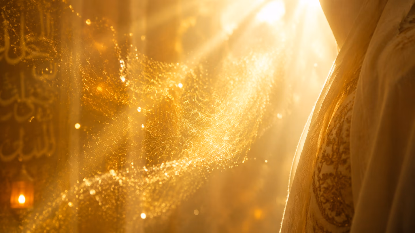 Extreme close-up of luminous gold dust drifting on a soft exhaled breath of light, suspended in a warm sunlit shaft, a faint divine fragrance made visible, soft radiant background.