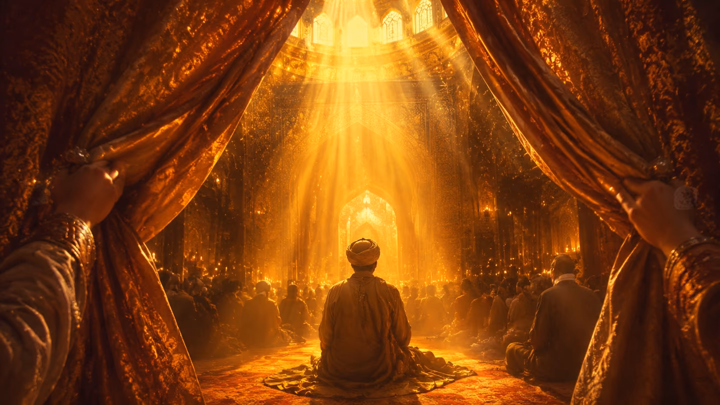 Framed through a parting silk veil, a burst of divine radiance spills into a sanctuary, the hidden secret unveiled, gold light flooding the threshold, soft luminous calm beyond.