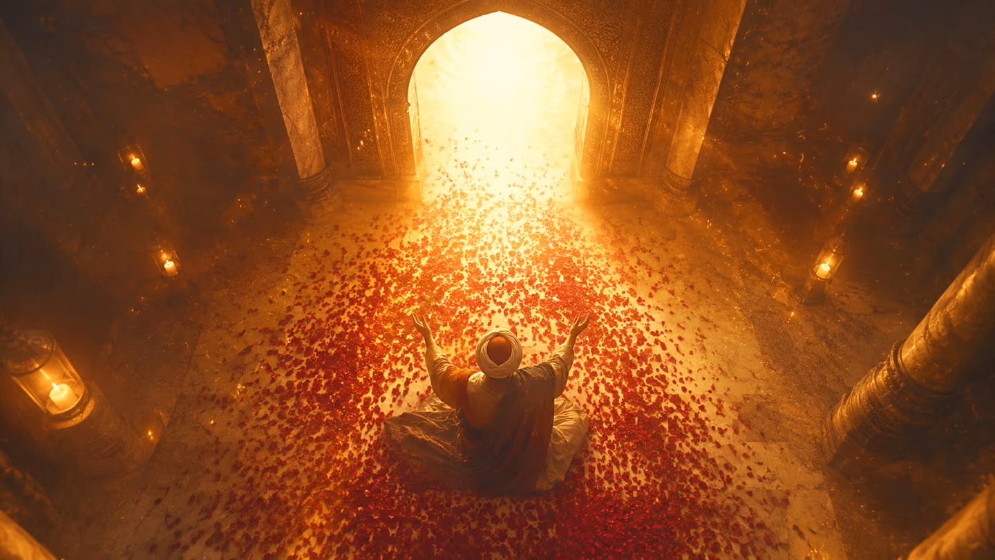 Overhead top-down of crimson rose petals scattered before a luminous arched portal of light, a face turned away in longing, warm dawn glow washing the stone, bright open center.