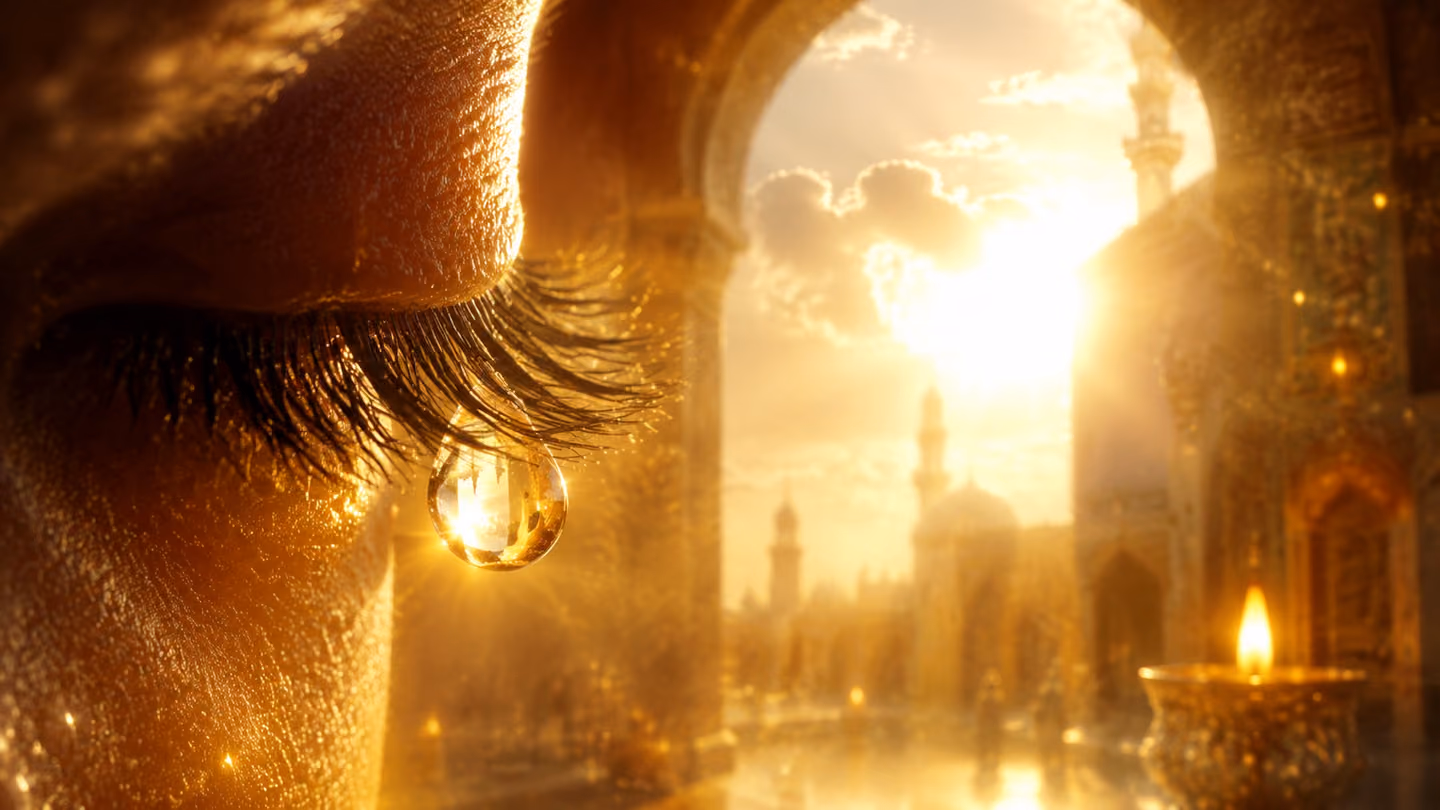 Extreme close-up of a single bright tear on lashes catching first dawn light, the only cure shining within it, soft golden bokeh, luminous pale sky behind.