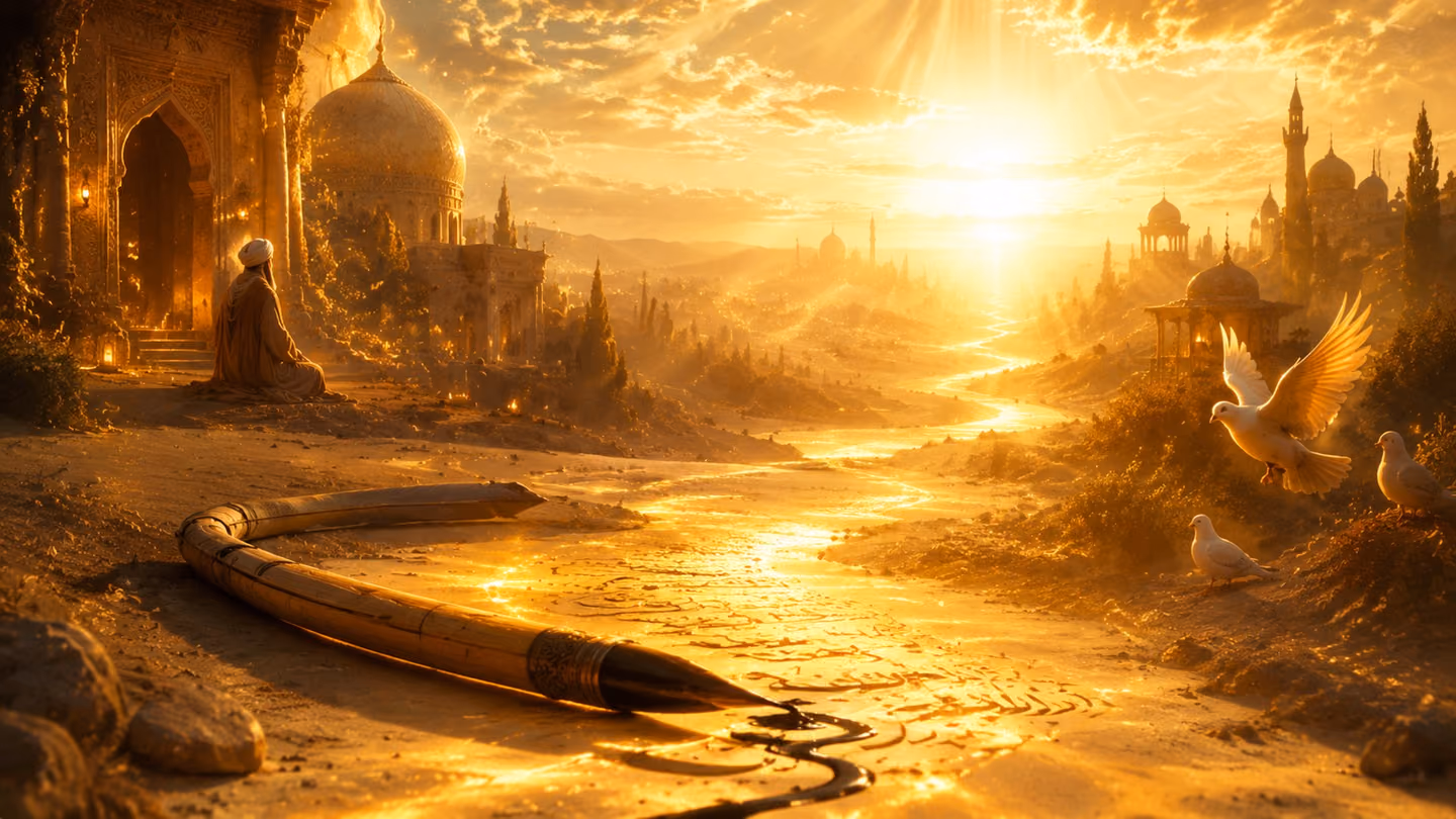 Wide shot of a reed pen lying bent upon a path of light, ink trailing into golden sand, the seeker's road of love glowing, radiant horizon, soft bright sky.