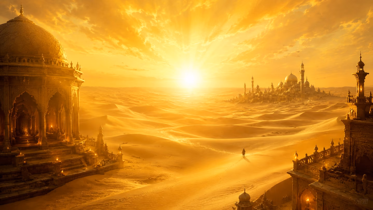 Vast wide shot of an endless desert of pale gold sand with no beginning or end, stretching toward a blazing sunrise horizon, gentle luminous sky, wanderer's tiny distant silhouette.