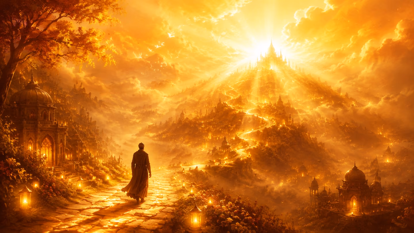 Silhouette of a lone figure on a lit winding path climbing through a softly glowing valley toward breaking dawn light, hope of union ahead, warm radiant sky filling the frame.