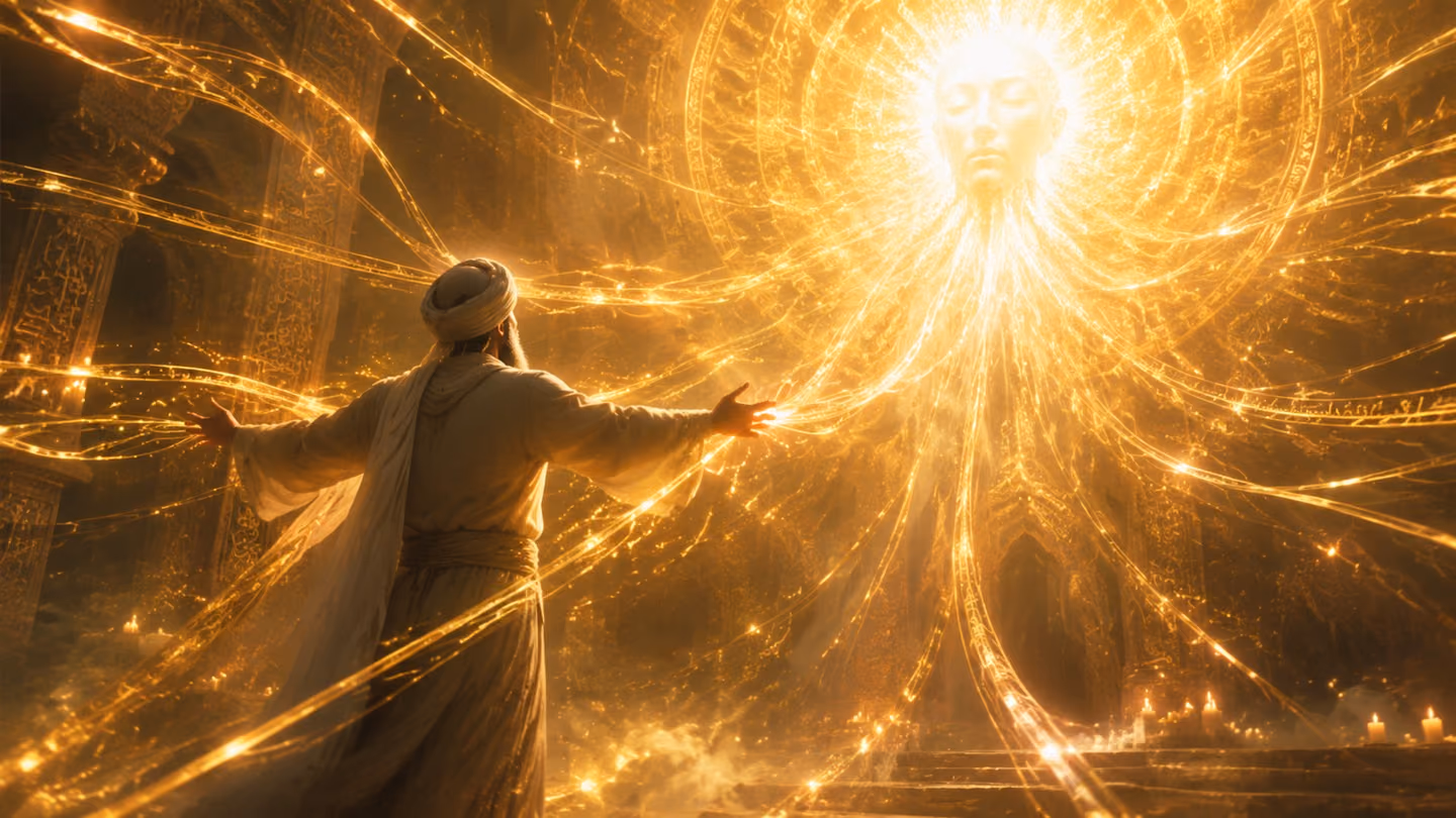 Backlit close-up of scattered strands of luminous light being gathered and drawn together into a single radiant whole before a glowing face of light, ecstatic golden dawn, bright serene glow.