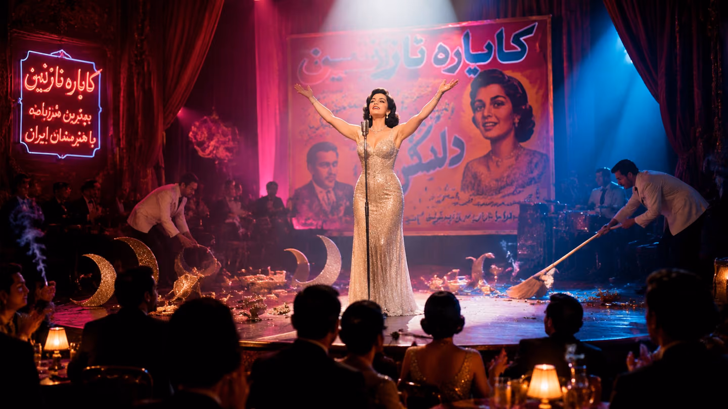 Medium shot of the Iranian chanteuse at centre stage under a pure white spotlight, both hands raised open and free as if releasing something upward — the stage around her scattered with prop sugar bowls and crescent m…