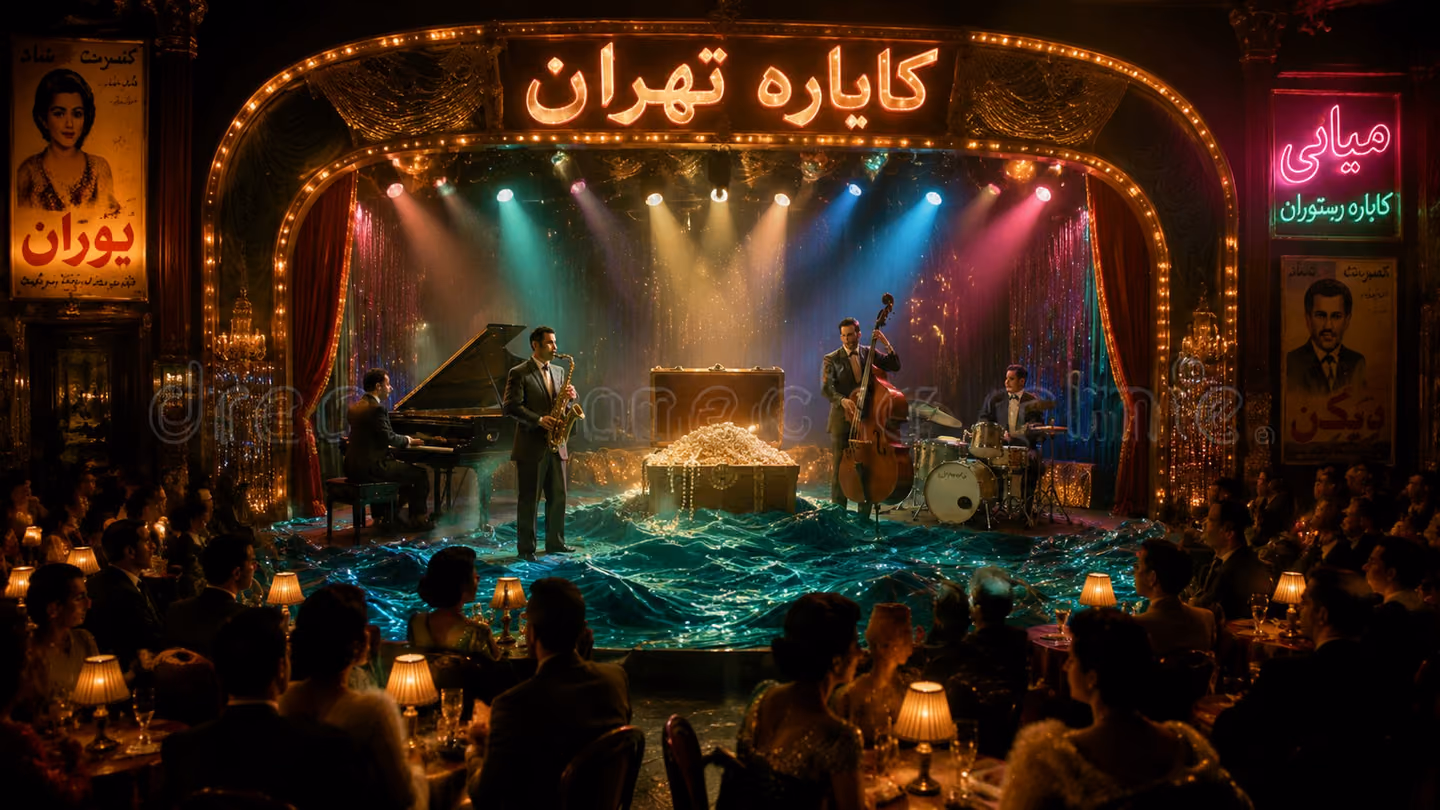 Sweeping wide shot of the full jazz band on a grand Tehran cabaret stage: the saxophonist, upright bassist, pianist and drummer all playing at full swing, the stage designed like a vast stylised sea of rippling teal f…