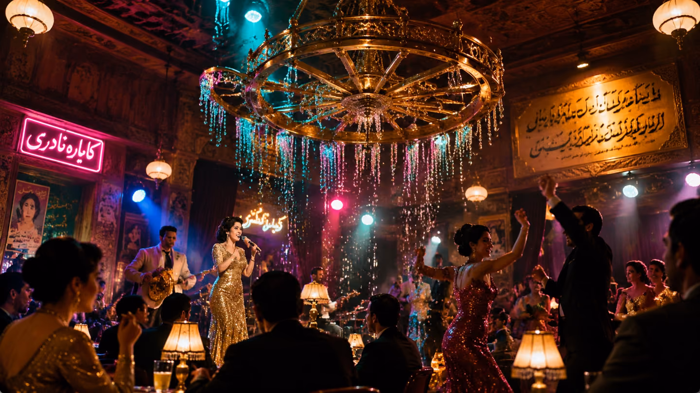 Low-angle shot looking up at an ornate brass water-wheel chandelier slowly turning above the cabaret dancefloor, its cascading crystal drops catching every coloured gel and scattering turquoise, rose and amber light l…