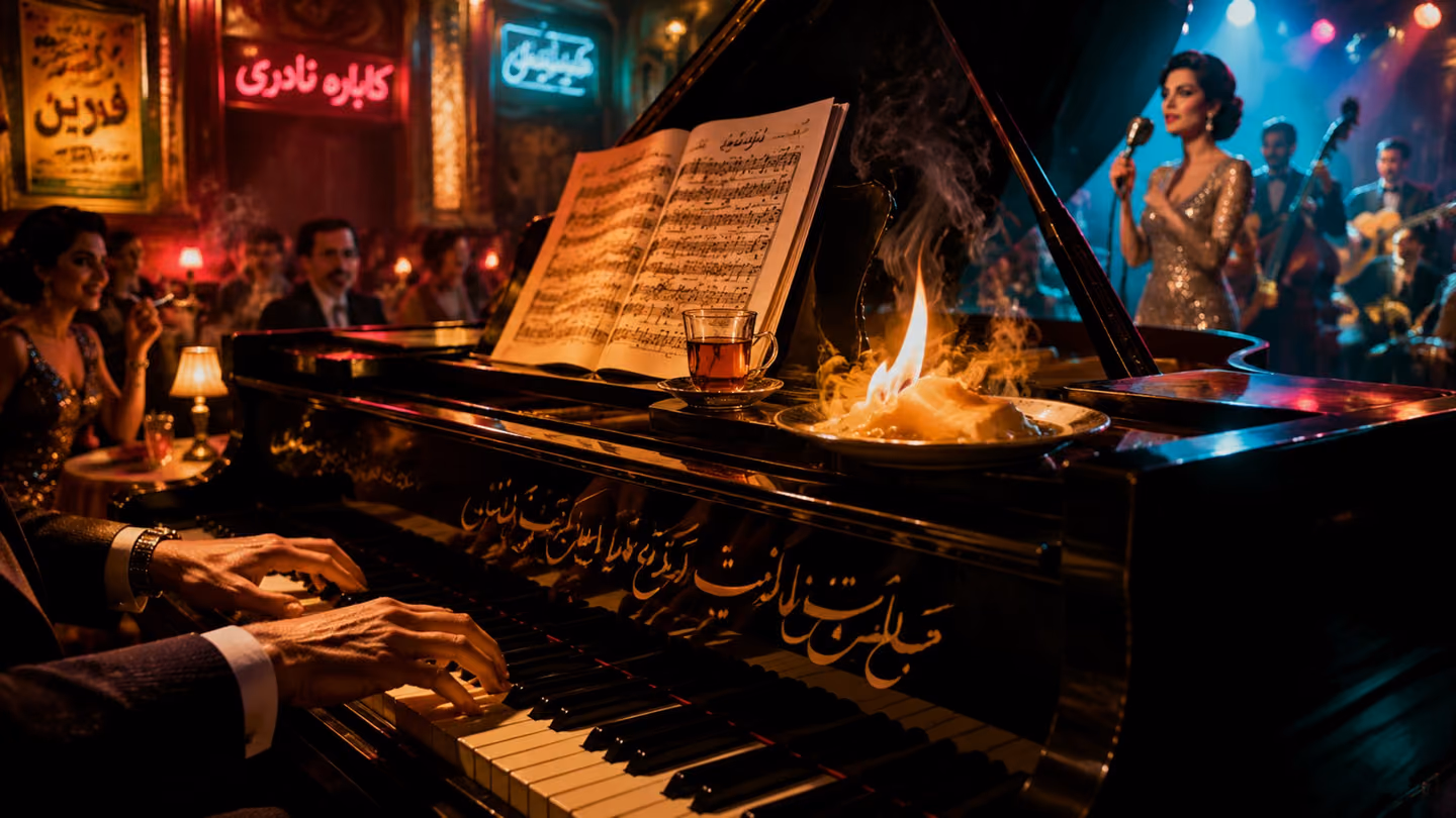 Intimate close-up of the pianist's hands on the ivory keys of a gleaming grand piano, a small glass of golden tea steaming beside the music stand, and resting on the piano lid a saucer of white animal fat — a candle f…