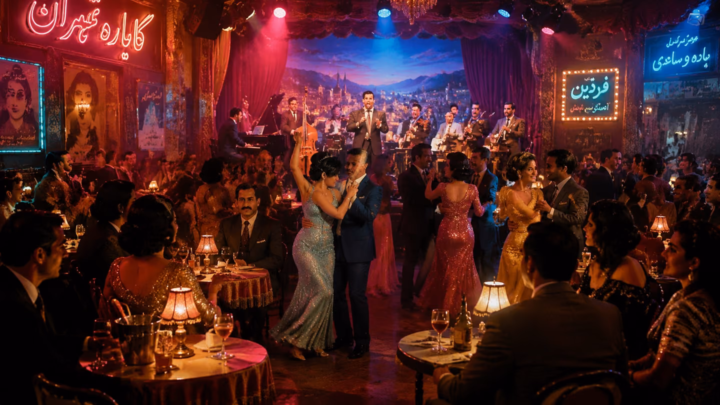 Dynamic wide shot of the packed Tehran cabaret at its peak midnight energy: Iranian couples in 1950s finery dancing, the band swinging hard, colourful gels (rose, amber, cobalt) sweeping the room, curling smoke in the…