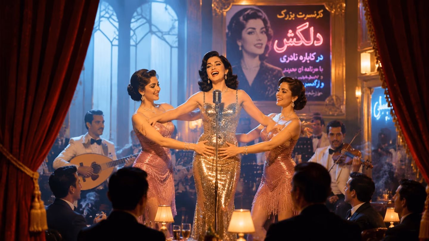 Medium shot framed through the velvet curtain wings of the stage: the Iranian chanteuse sings with a radiant dawn-joy on her face, early blue-white light bleeding in through the tall art-deco windows behind her as the…