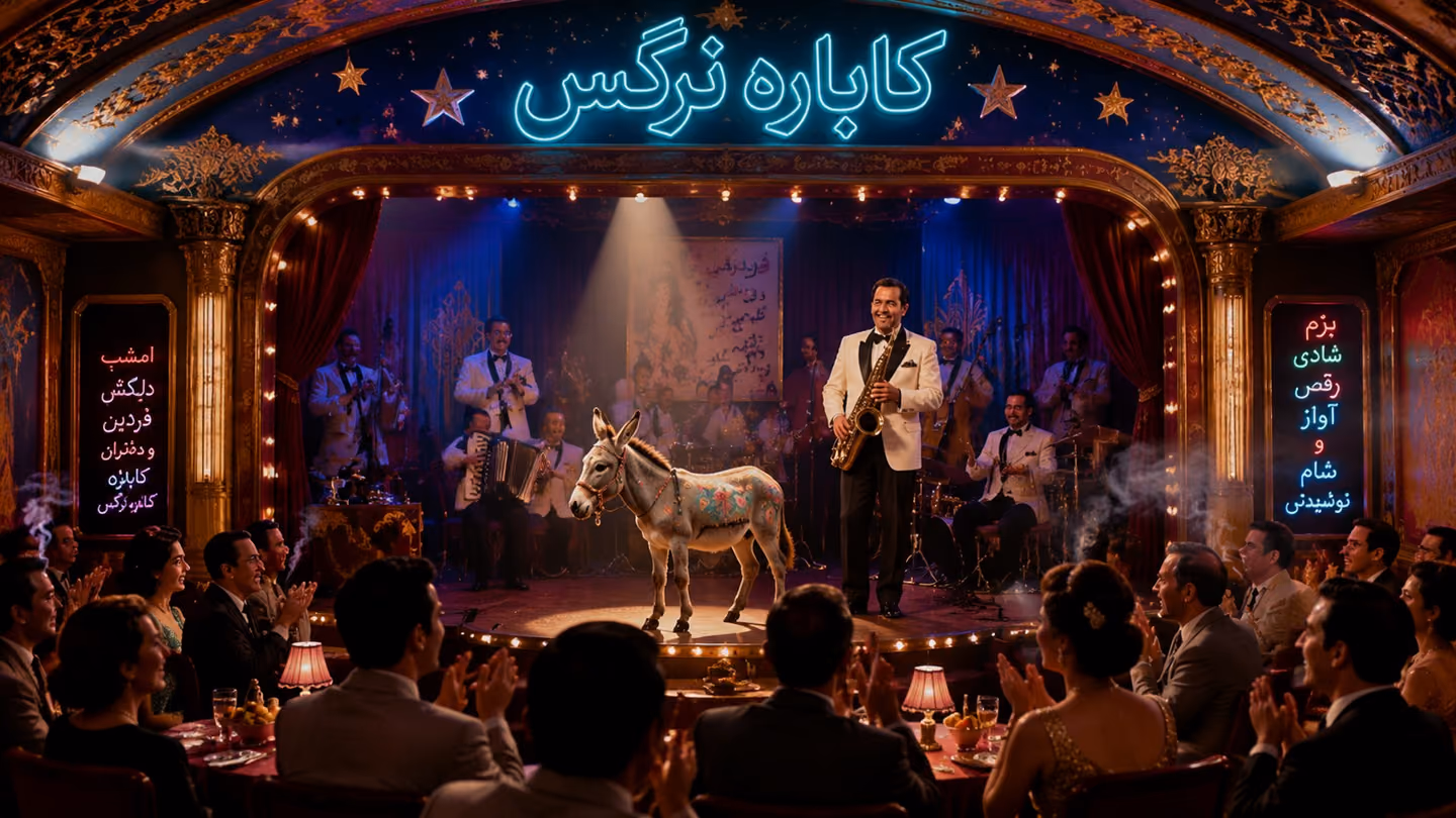 Wide comedic-yet-warm shot of a small painted donkey prop on the edge of the cabaret stage — a spotlight trained on it while the audience in the foreground laughs and applauds, the bandleader grinning over his saxopho…
