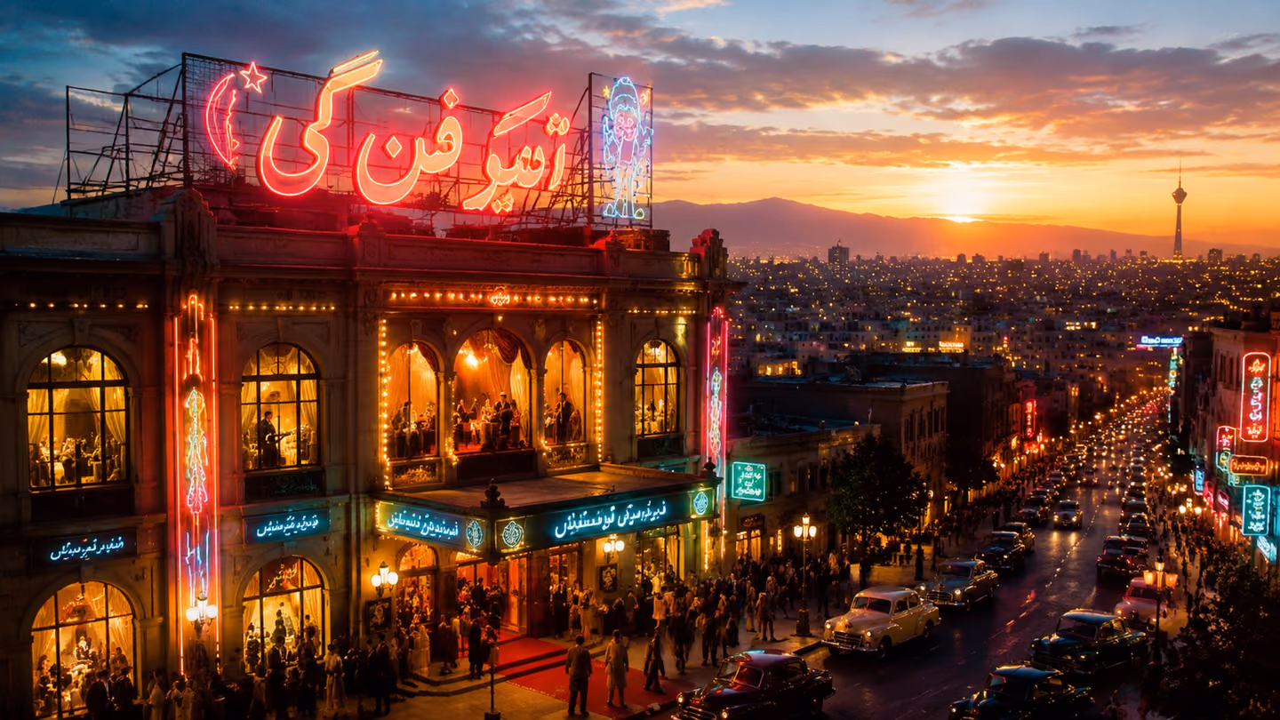 Glorious wide establishing shot of the Tehran cabaret at dawn's first light: the Farsi neon marquee outside blazes in the cool blue pre-dawn air, warm gold light pouring from every window onto the street, the Iranian…