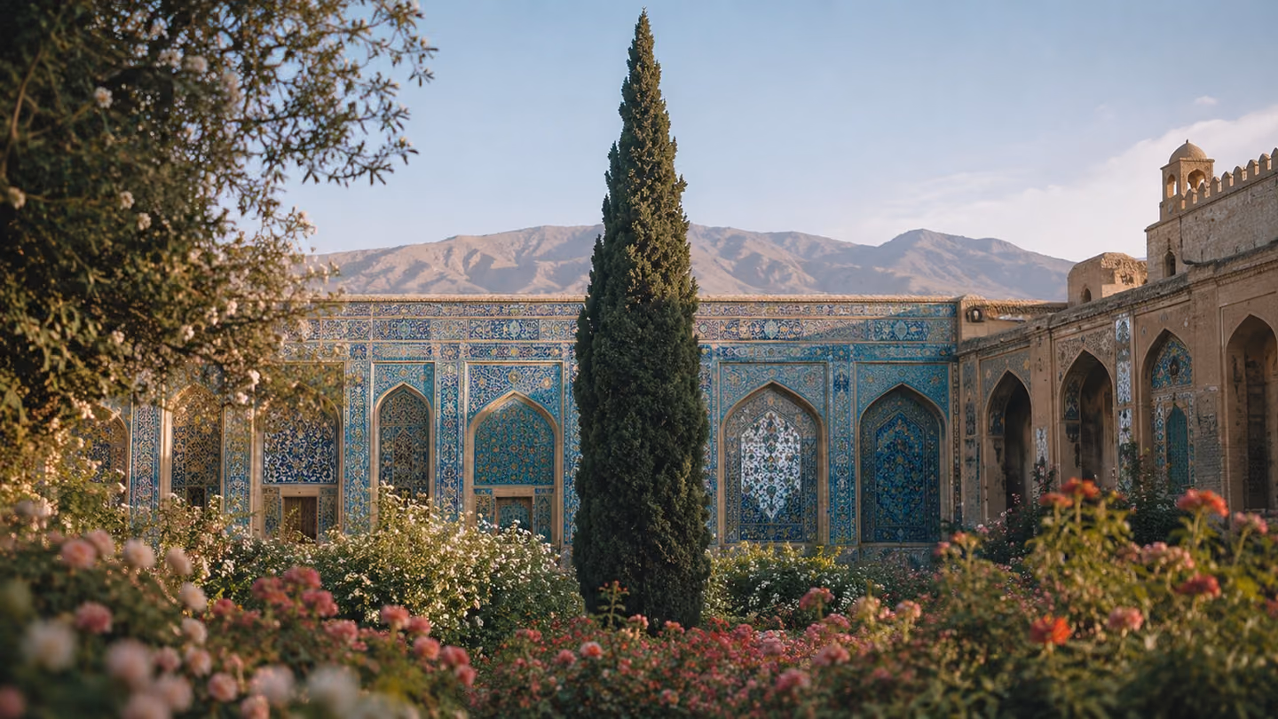 Sweeping wide shot of a tall, slender cypress tree at the edge of a luminous Persian garden at clear morning, its elegant form perfectly still while rose bushes and jasmine sway gently in the breeze around it; turquoi…