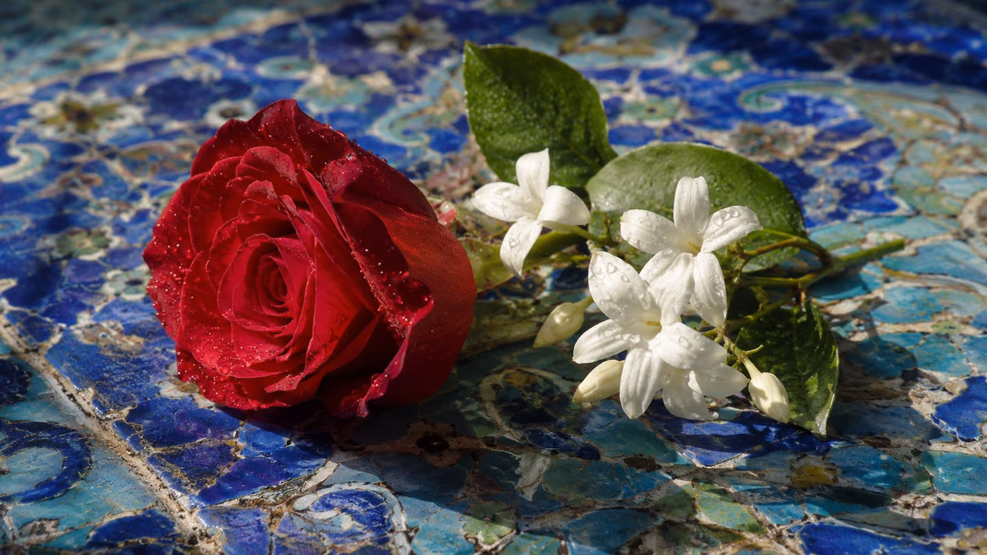 Extreme close-up of a single fresh rose bloom and a white jasmine sprig resting side by side on a Persian cobalt-tile surface, morning dew catching the cool daylight; the cypress is visible only as a slender shadow at…