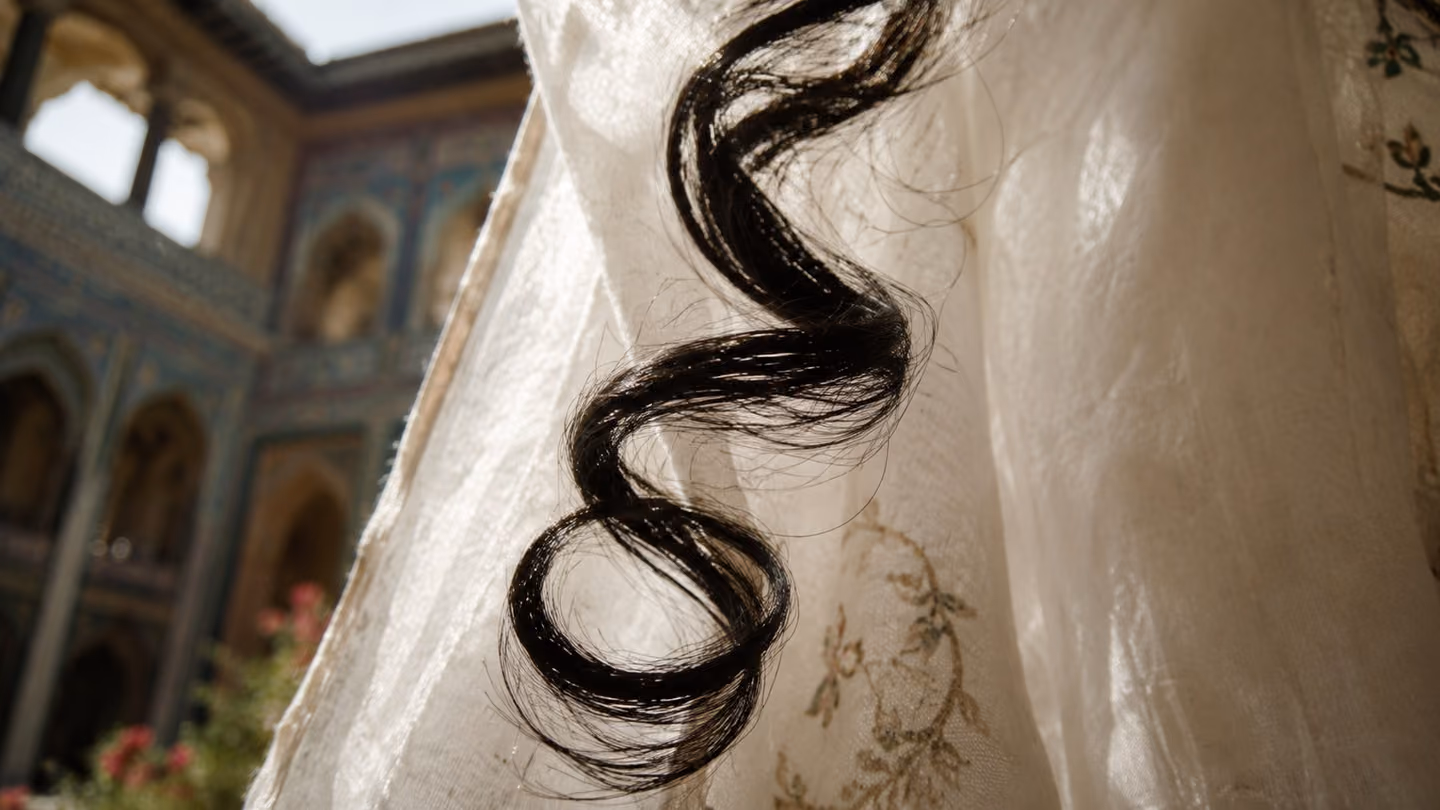 Extreme close-up, low angle looking up, of a single dark, spiralling curl of black hair against a background of luminous white muslin, the curl twisting like a calligraphic letter — light rakes across it from a high c…