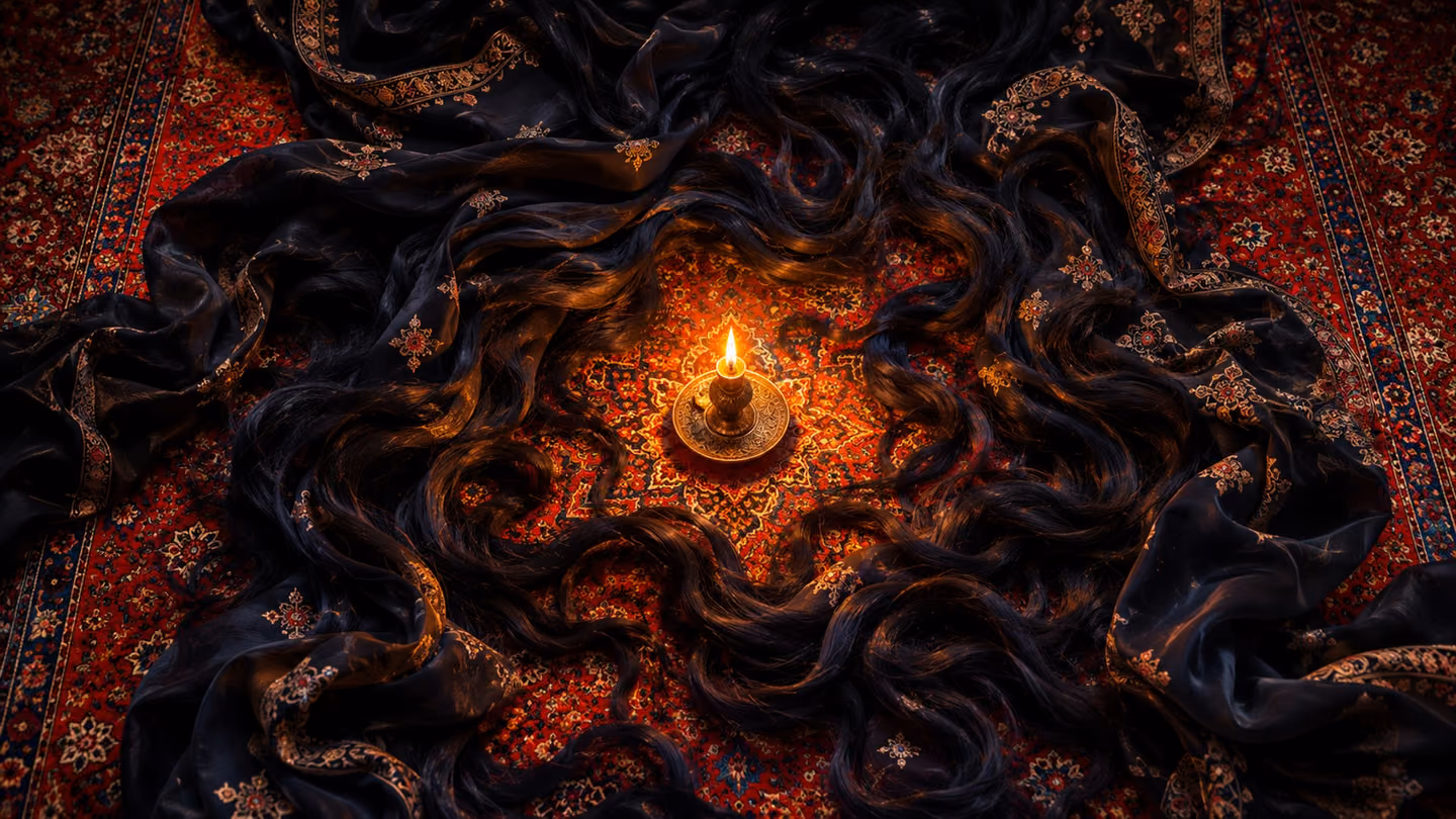 Wide overhead shot looking straight down into the labyrinthine folds of a dark silk garment spread on a Persian carpet of deep crimson and indigo, a tiny glowing oil lamp placed at the centre of the maze of fabric — t…