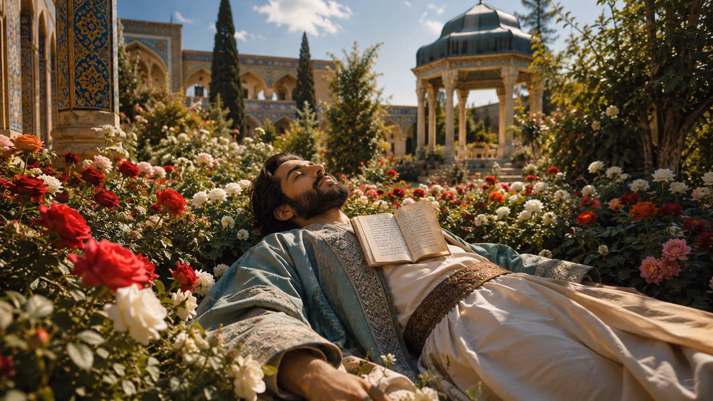 Wide, radiant shot of an Iranian man in classical dress lying peacefully on his back in a sun-flooded garden of full-bloom roses and jasmine, eyes closed in surrender, a small open book of Persian poetry resting on hi…