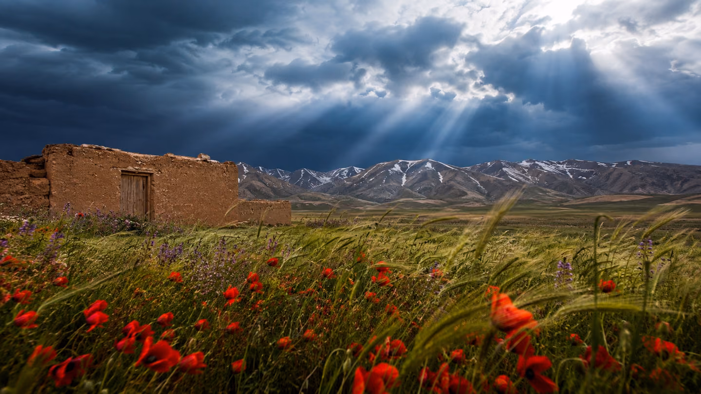Low-angle wide shot of a wind-swept Iranian highland plain at cool overcast dawn: a dark mass of storm-cloud assembles on the horizon like an advancing army, but shafts of silver-blue light pierce through from above,…
