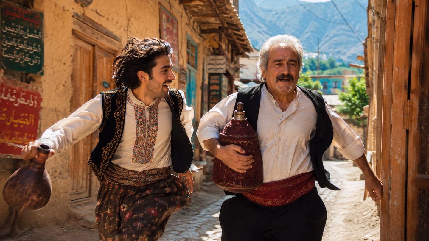 Dynamic mid-shot of two Iranian men — a young lover in embroidered folk dress and an older wine-bearer in a crimson sash — running side by side down a sunlit village alley, laughing and determined, arms outstretched,…