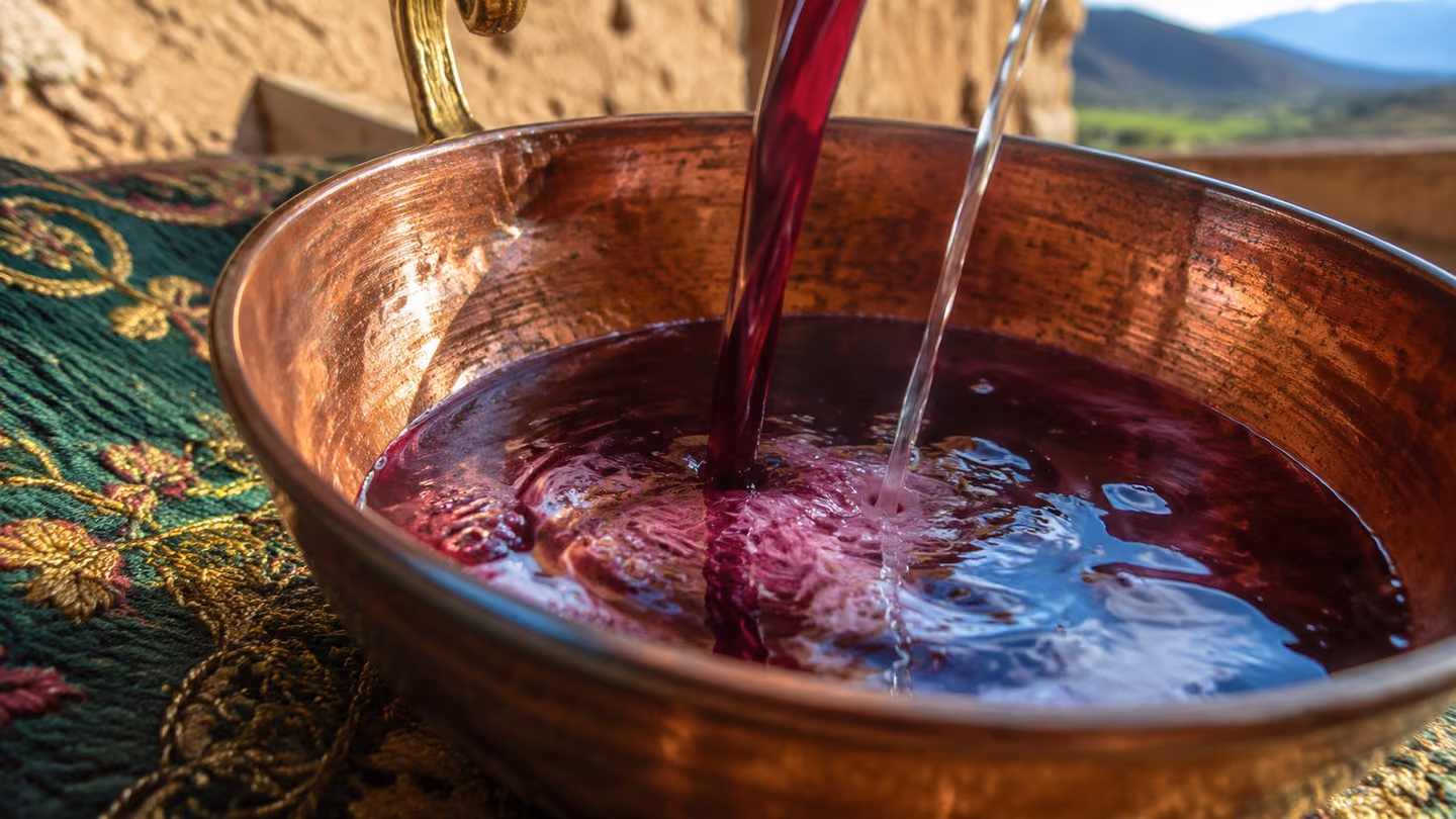 Extreme close-up of a polished copper قدح (bowl) as a thin stream of deep purple-crimson wine pours in, followed by a delicate thread of pale rosewater that swirls into it like smoke, the liquid surface reflecting coo…