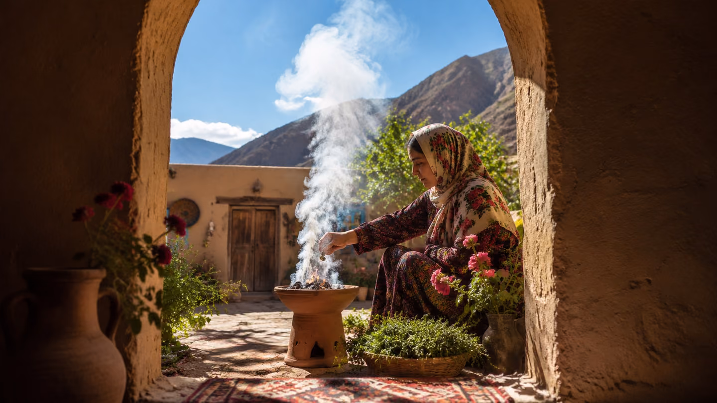 Medium shot framed through the arched doorway of a village courtyard: a clay mجمر (brazier) glows coral-orange at the centre, a woman in a patterned Iranian folk headscarf drops a pinch of crystalline sugar into it, f…