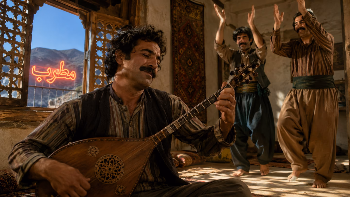 Intimate medium close-up of an Iranian minstrel seated cross-legged on a kilim, his eyes half-closed in joy, fingers dancing on the strings of a roud (Persian lute) — and beyond him, two men clap their hands above the…