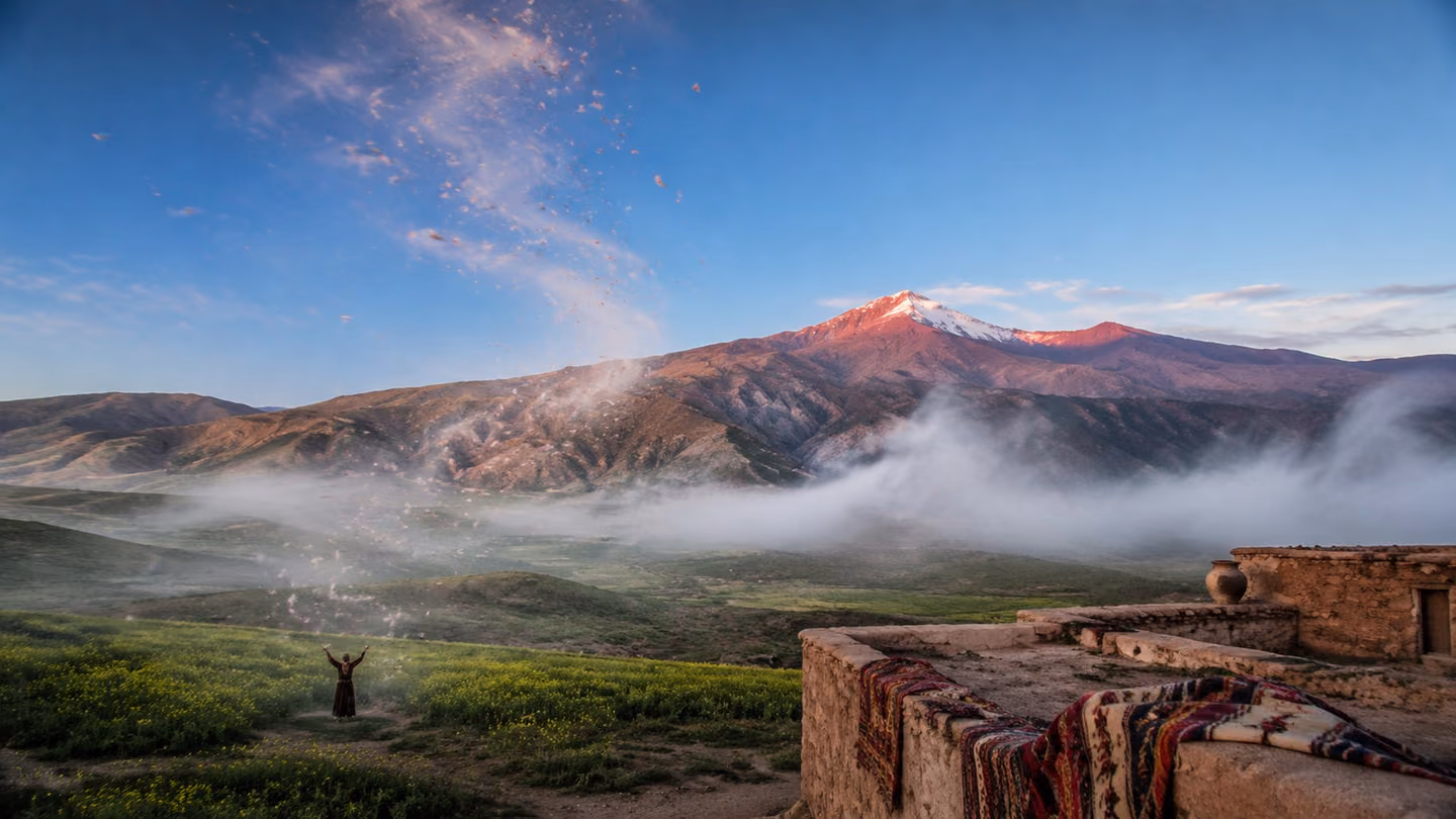 Sweeping wide shot of an Iranian mountain pass at dawn: a cool blue mist rolls low across golden-green fields and the morning wind (صبا) visibly stirs dust and blossoms upward from the earth in a luminous spiral, lift…