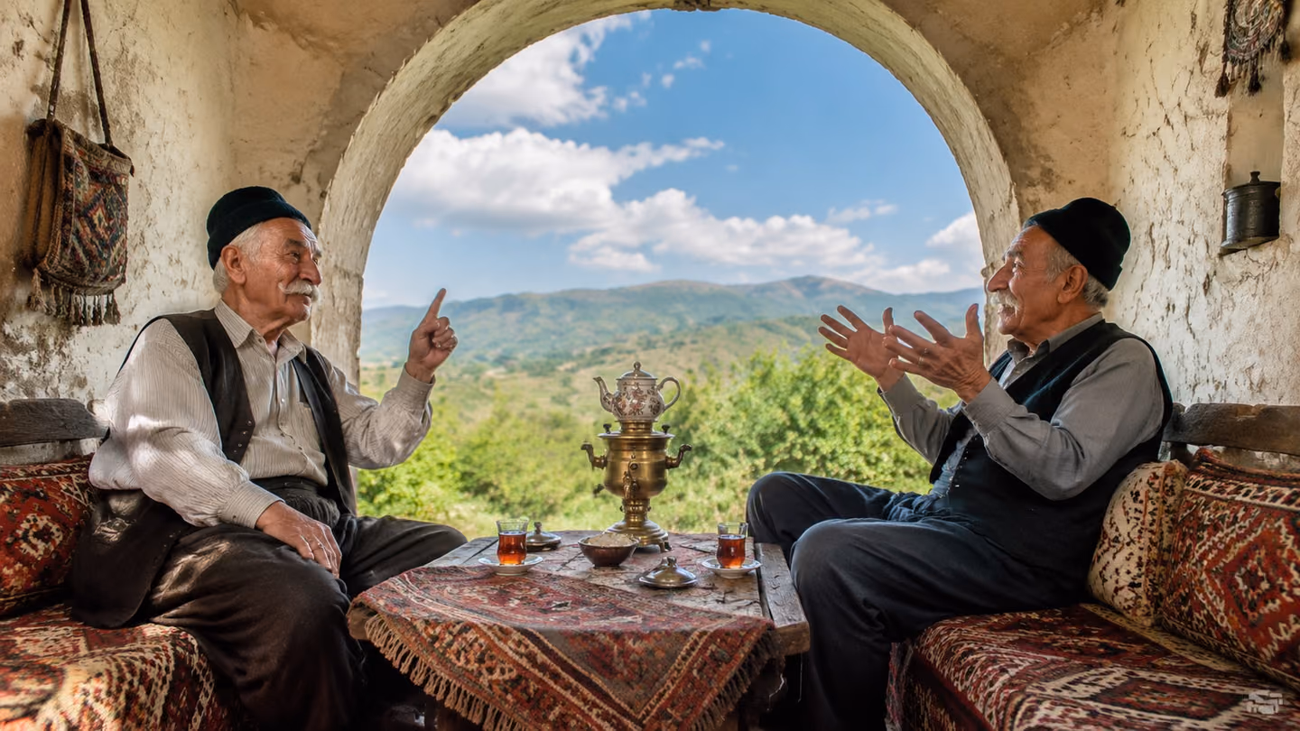 Split wide shot of two Iranian village elders facing each other in a sunlit open-air tea house: one gestures with proud certainty (boasting of reason), the other waves his hands in elaborate speech (weaving idle talk)…