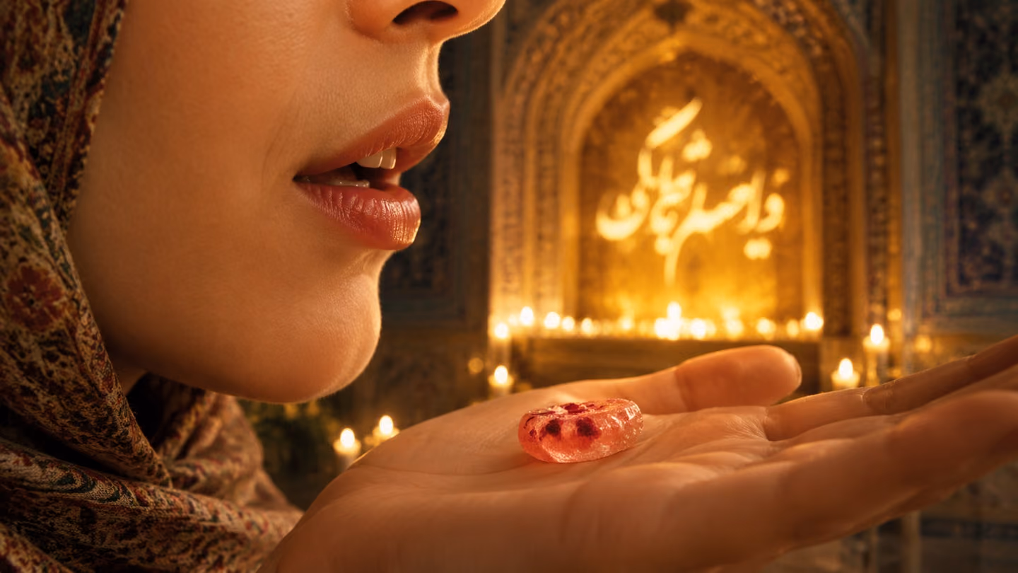 Medium close-up of a pair of Iranian lips parting gently, a single rosewater candy resting on the palm below them — warm candlelight from off-screen catches the sugar's translucency and the soft moisture of the lips;…