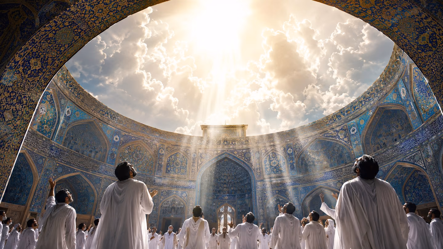 Wide shot looking upward through the oculus of a great Persian dome — a shaft of pure white radiance breaks through swirling luminous cloud and pours down into the sanctuary below, Iranian worshippers in white robes t…