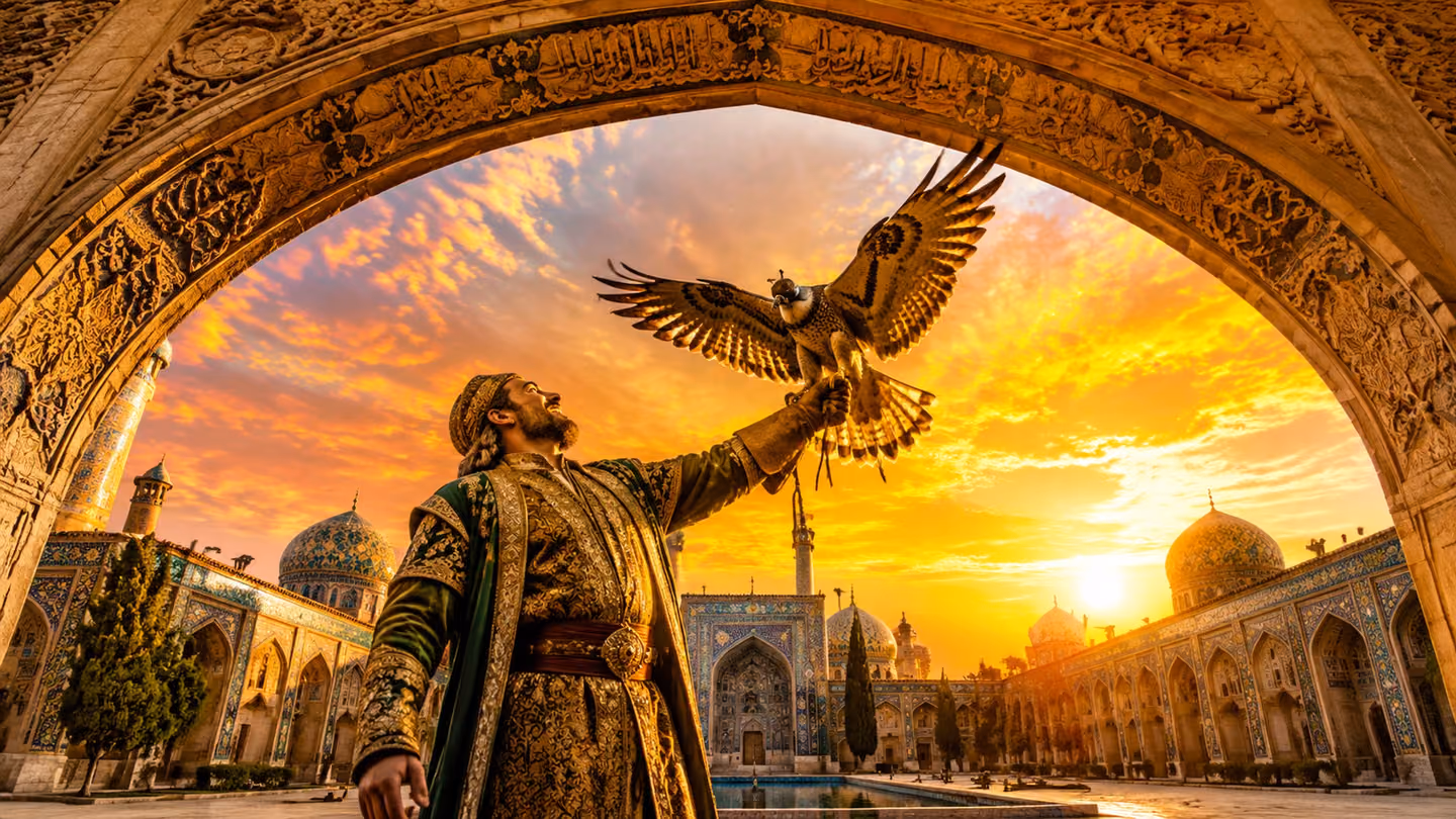 Low-angle wide shot of an Iranian falconer standing in a sun-drenched courtyard at golden hour, a royal falcon landing on his outstretched wrist in a burst of wings — the man's face is lifted in exultant joy, traditio…