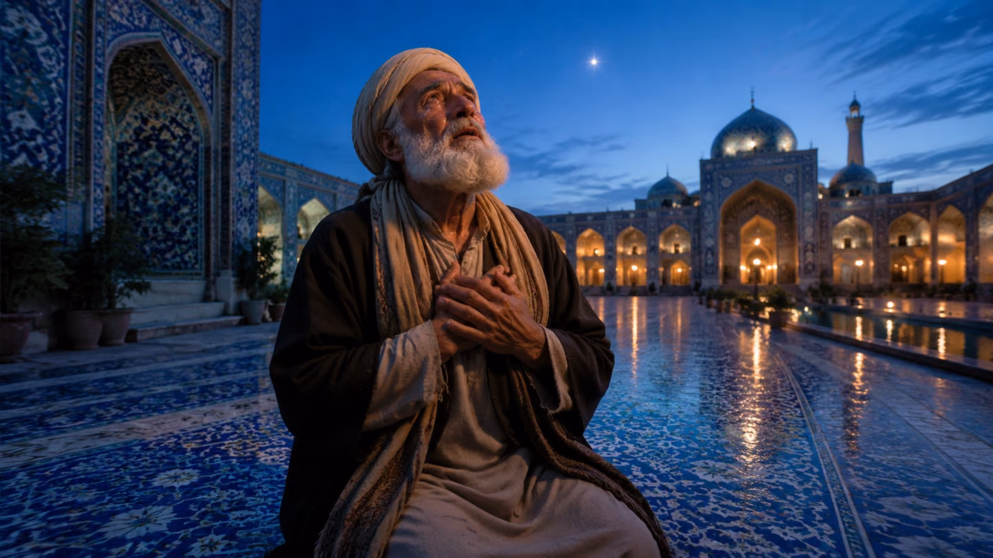 Medium shot of an elderly Iranian man — a Jacob figure, white-bearded, traditional robe — kneeling in the centre of a Persian courtyard at blue-hour dawn, face lifted toward the sky, tears streaming freely and catchin…