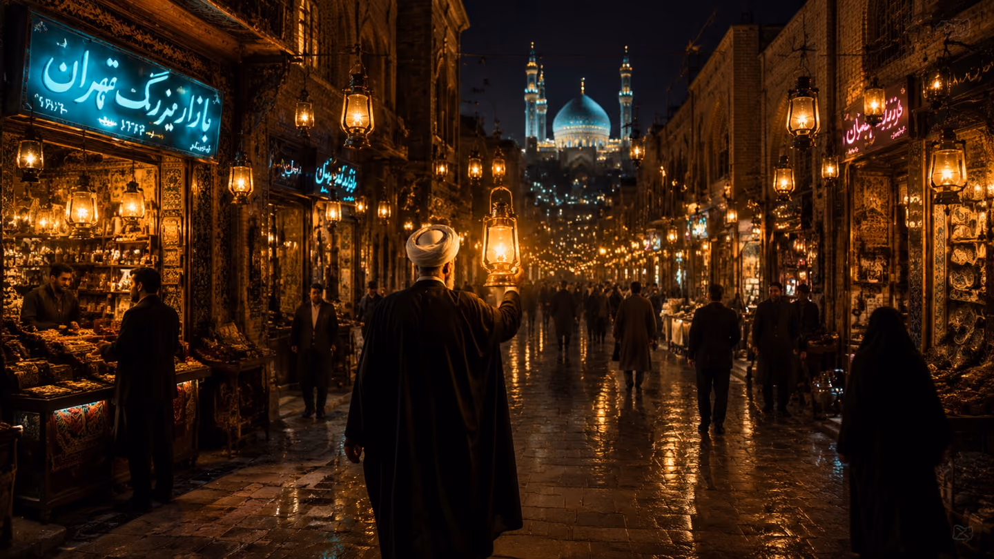 Wide establishing shot of a narrow Tehran bazaar street at night, warm lantern-light from a hundred hanging oil lamps pooling gold on the stone paving; a lone Sheikh in traditional Iranian cloak walks slowly through t…