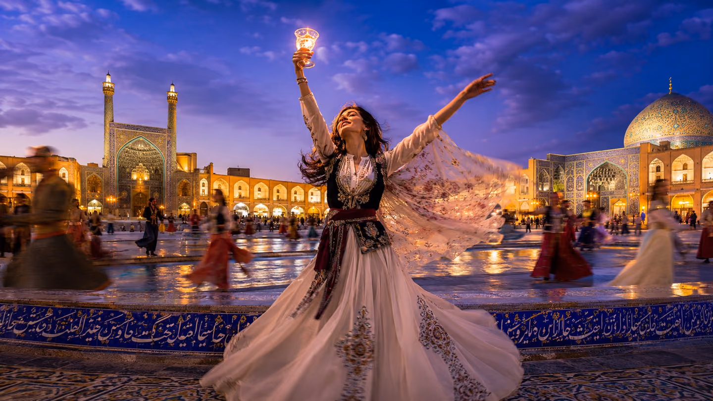 Dynamic wide shot of an open Persian square — a maidan — at dusk, the sky a deep violet-blue above; an Iranian woman in flowing garments dances at the very centre, one hand raised holding a luminous glass cup, the oth…