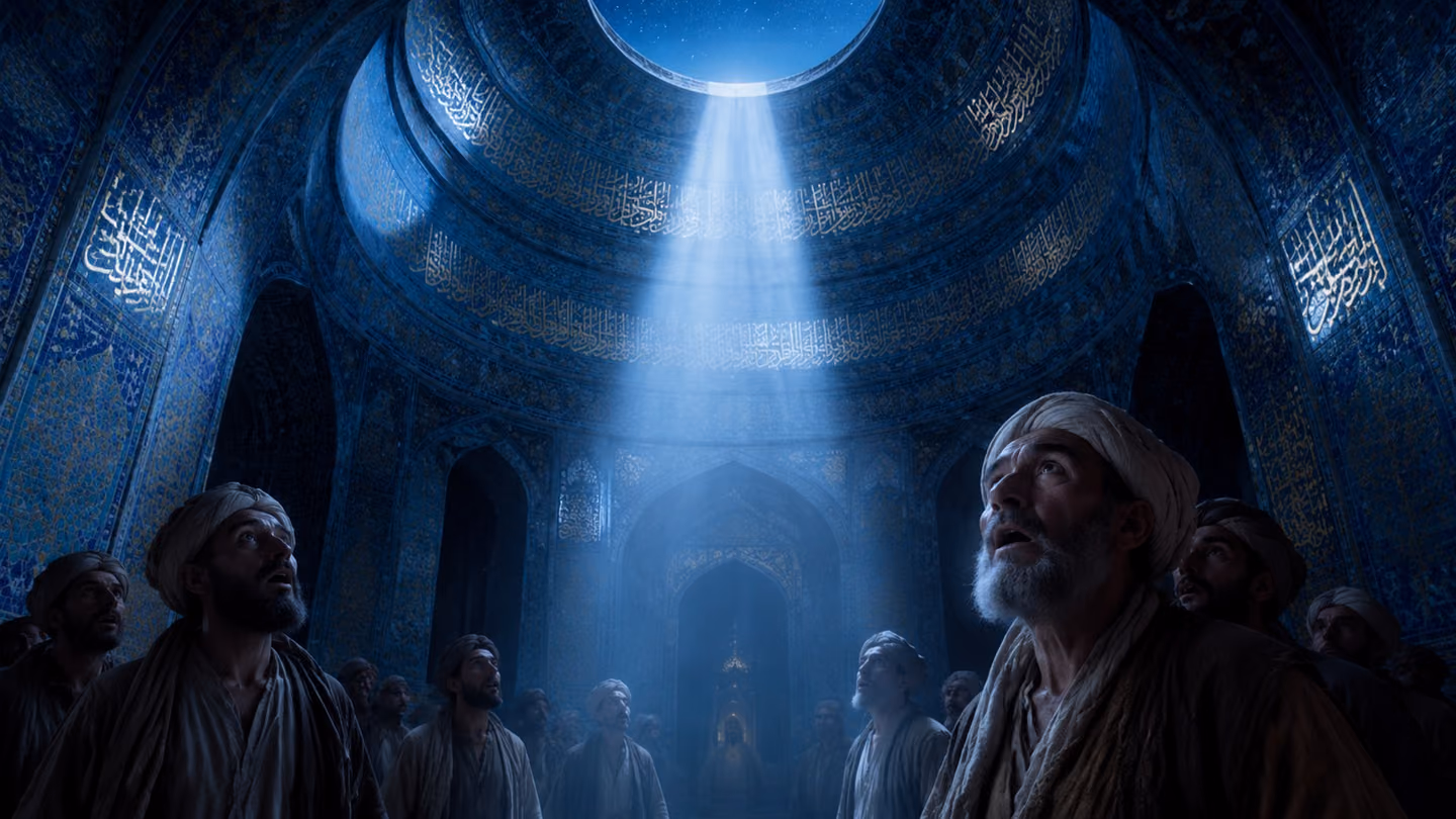 Wide establishing shot inside a grand Persian domed sanctuary at blue pre-dawn, a small cluster of robed onlookers frozen in bewilderment around an unseen focal point, their faces — authentic Iranian features, turbans…