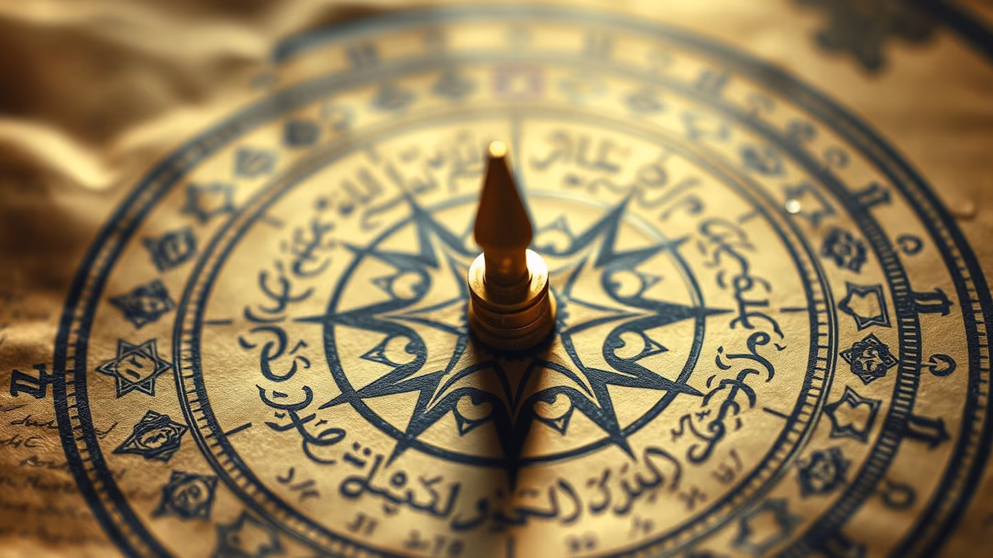 Extreme close-up of a brass compass, its pivot needle pressed still at the centre of an ornate circle drawn in ink on aged Persian paper, the needle catching a clean beam of white morning daylight so it gleams like si…