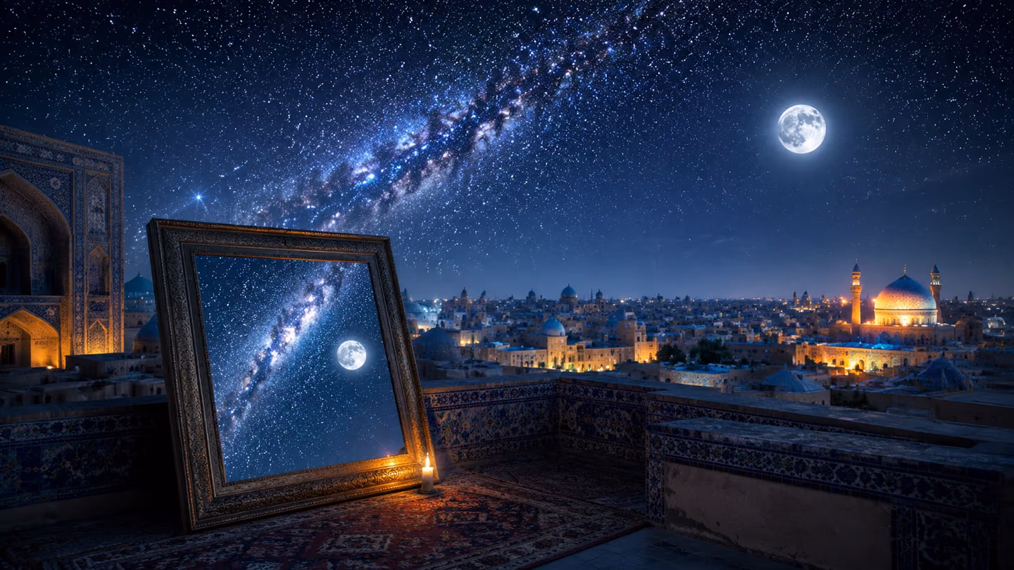 Sweeping wide shot of a high Persian rooftop at night, the full moon and a blazing arc of stars reflected perfectly in a large, ornately framed mirror tilted on the parapet, the mirror's surface shimmering with silver…