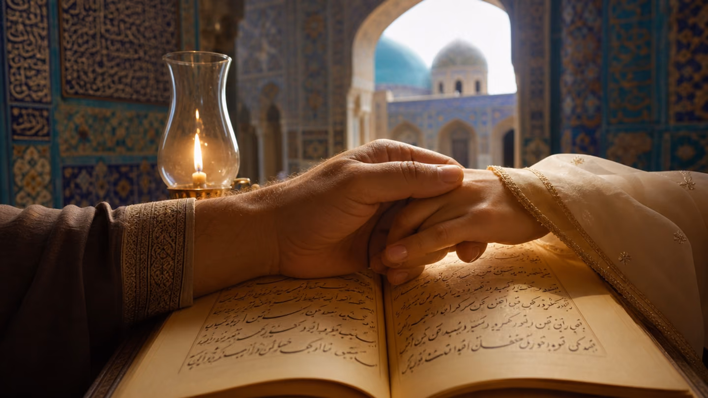 Medium shot of two hands — one a man's, one barely visible — joined in a gentle covenant grip before an open Persian manuscript, a soft golden oil-lamp glow warming the hands and the Nastaliq script on the open pages,…