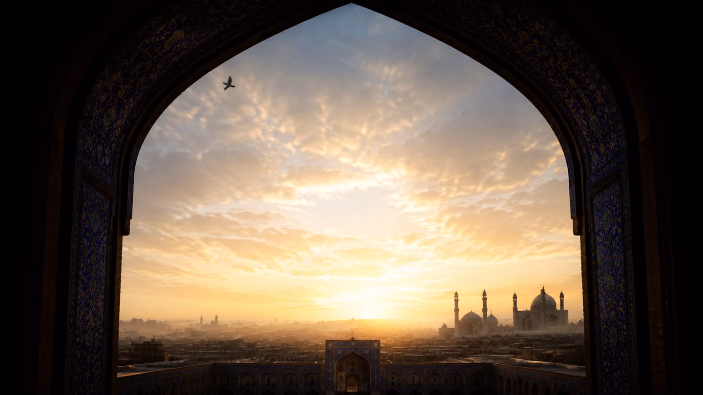 Cinematic silhouette shot framed through a high arched Persian window at the moment just before sunrise — a small bat silhouette flutters near the shadowed arch while beyond the window the horizon erupts in a vast pal…