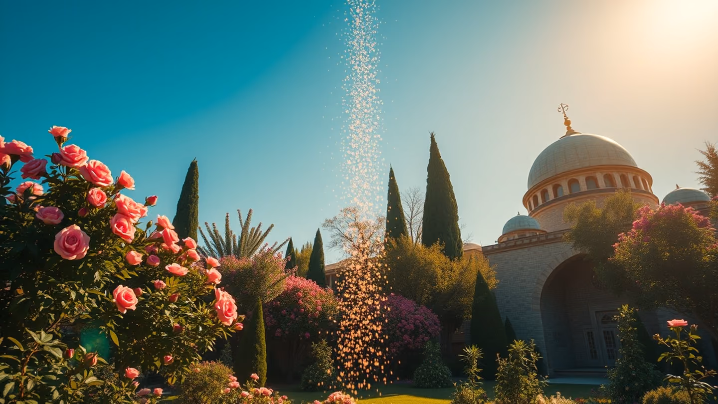 Wide dreamy shot of a lush Persian garden (نزهتگه) at golden mid-morning, rose trees and cypress in full bloom under a clear blue sky, a warm fragrant breeze visibly stirring the blossoms; two translucent figures — re…