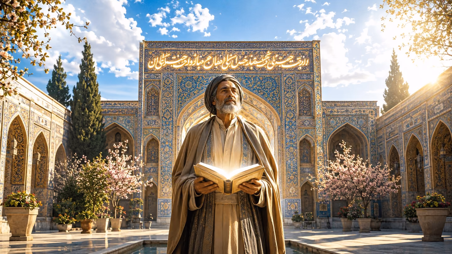 Radiant wide shot of an ancient Persian courtyard at the peak of a clear bright morning, a lone figure — Hafez the poet, bearded, dignified Iranian face, simple robe — standing tall and serene at the centre, holding a…