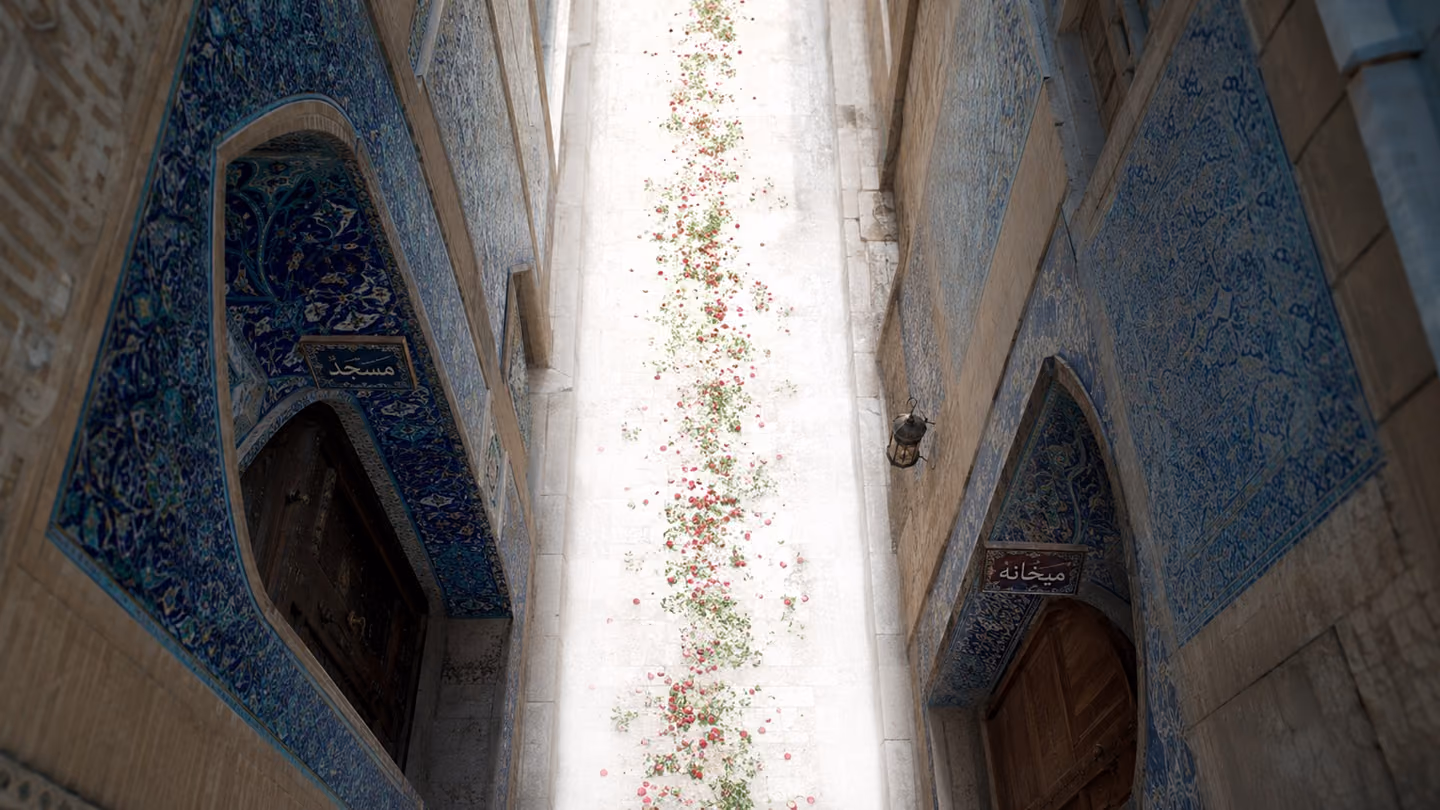 A sweeping low-angle shot looking up at two ancient Persian architectural facades side by side — a mosaic-tiled mosque portal with a luminous blue-and-white muqarnas arch on the left and a worn mud-brick arched doorwa…