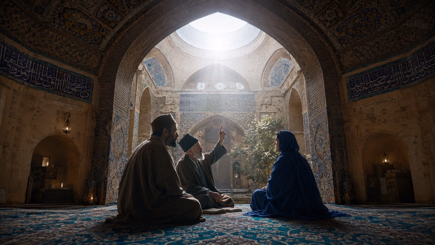 A medium wide shot through a pointed Persian arch framing a luminous inner courtyard — three elegantly dressed Iranian figures (men in period woollen robes and kulah caps, a woman in a flowing chador of deep indigo) g…