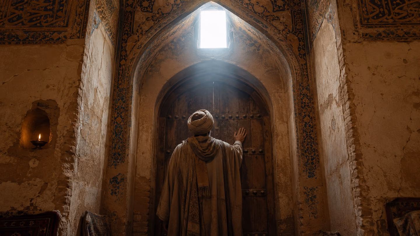 A medium shot of the same solitary dervish wanderer — motif figure, now from behind — standing at the entrance of a worn Persian caravanserai-style arched doorway (the tavern-of-the-soul), the door also closed, the wa…