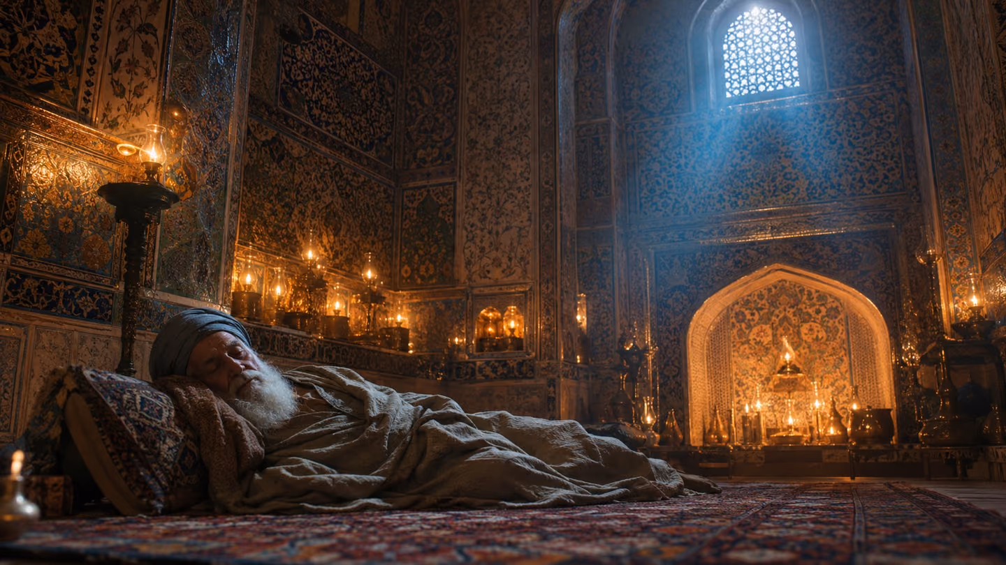 An intimate wide shot inside a luminous, candle-warmed Persian sanctuary interior — a serene, mysterious elder in simple dervish woollen robes lies peacefully asleep on a hand-woven carpet near a low arched niche, doz…