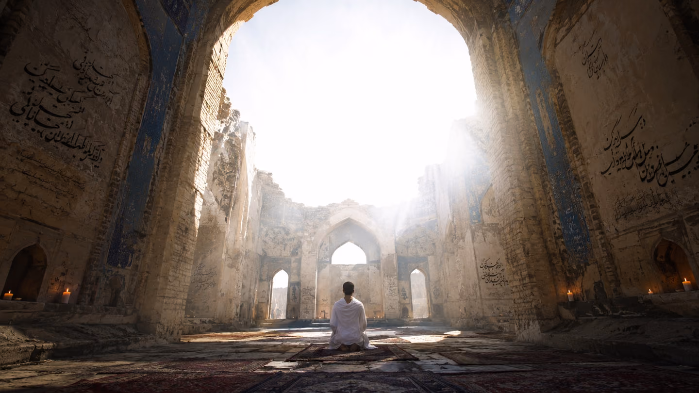 A dramatic wide establishing shot of an ancient Persian ruin — roofless stone walls open to the sky, crumbling arches framing a vast rectangle of brilliant pure-white midday sky above — but the ruin is alive and sacre…