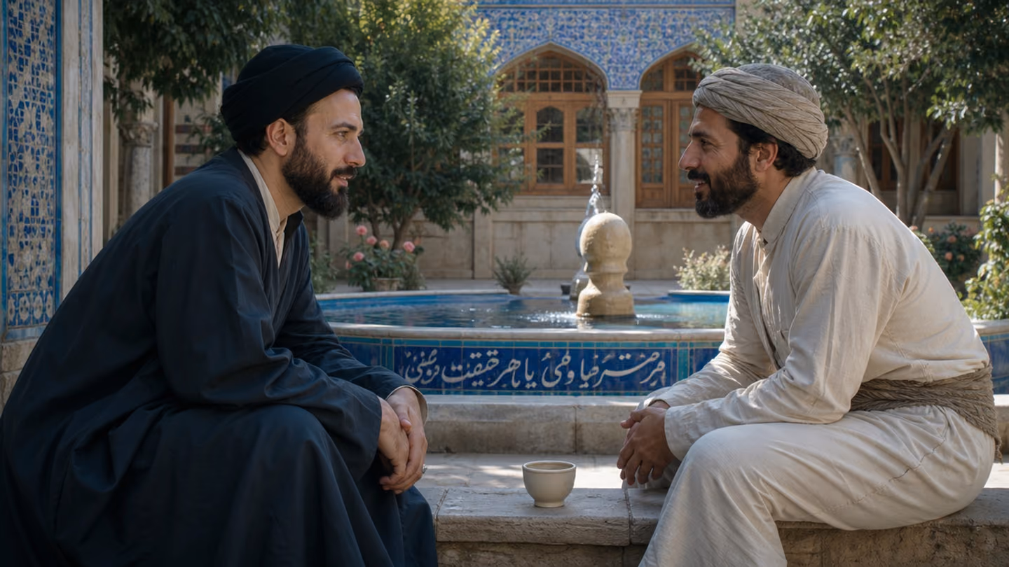 A medium two-shot in a sunlit Persian courtyard — two elegantly dressed Iranian men of the classical era sitting across from each other on a stone bench beside a blue-tiled fountain, one in a judge's simple dark robe…
