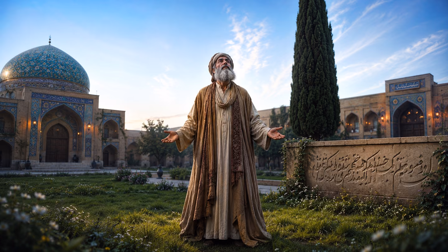 A luminous wide shot at clear blue dawn — our dervish wanderer, the motif figure, now seen full-length from the front for the first time, standing in an open Persian garden courtyard, both arms slightly open at his si…