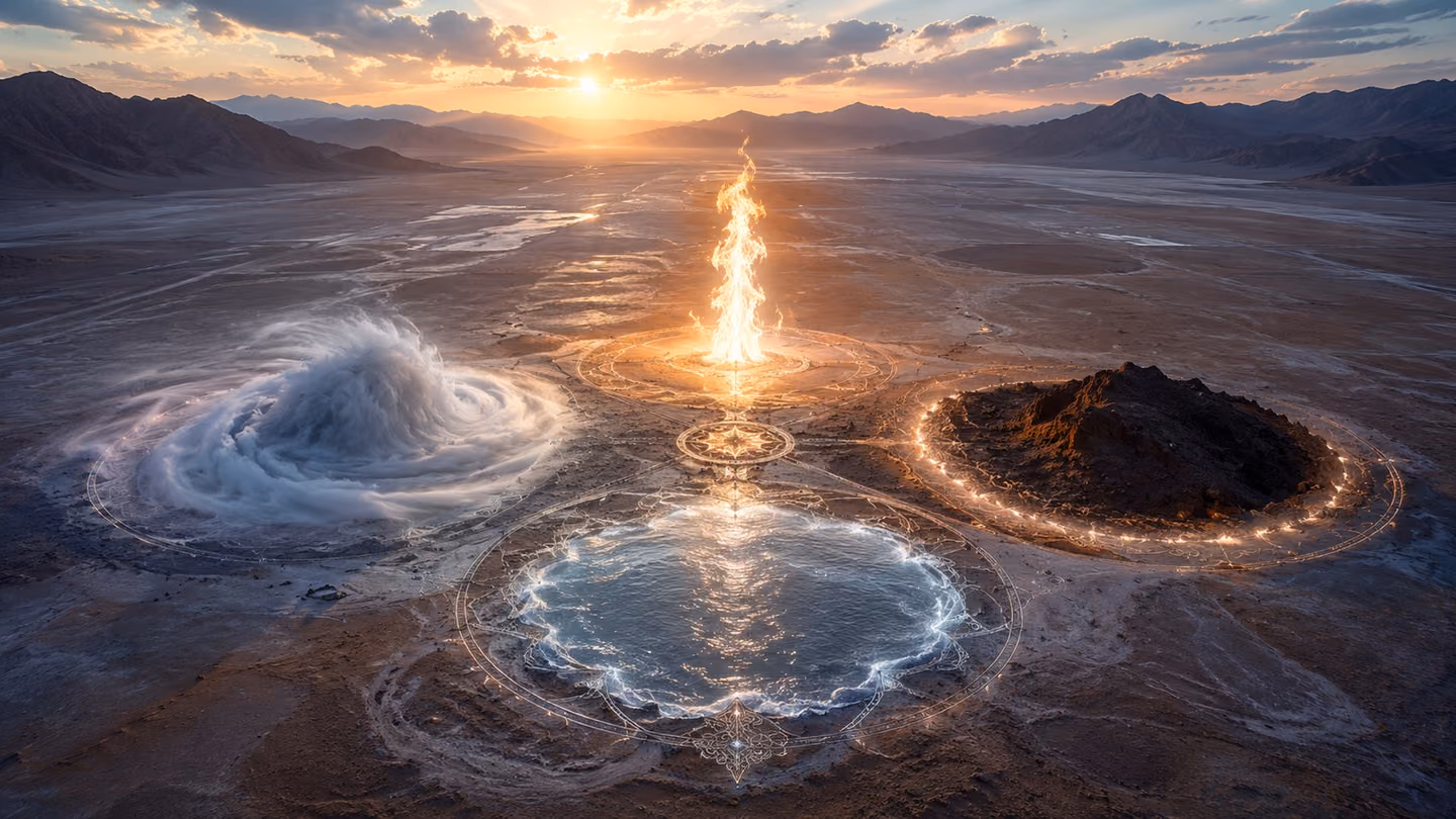 Sweeping wide shot looking straight down from directly overhead onto a vast flat salt-desert plain in Iran — four monumental elemental forms arranged as a cosmic mandala: a column of white fire, a dome of swirling win…