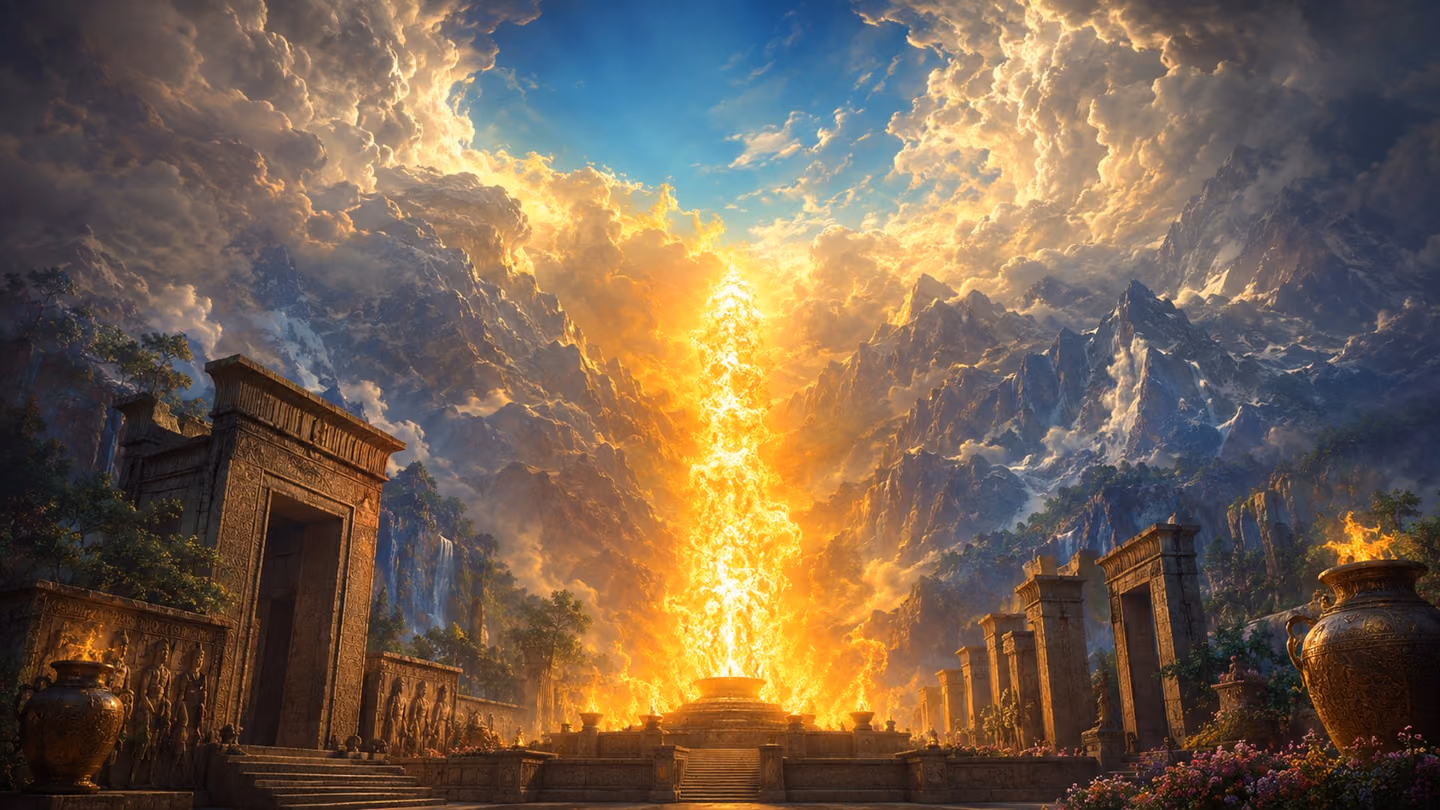 Low-angle shot from ground level looking up at a colossal pillar of blazing fire that erupts skyward between a dark earth floor and a canopy of wind-tossed silver cloud and shimmering water vapour — the fire is intens…